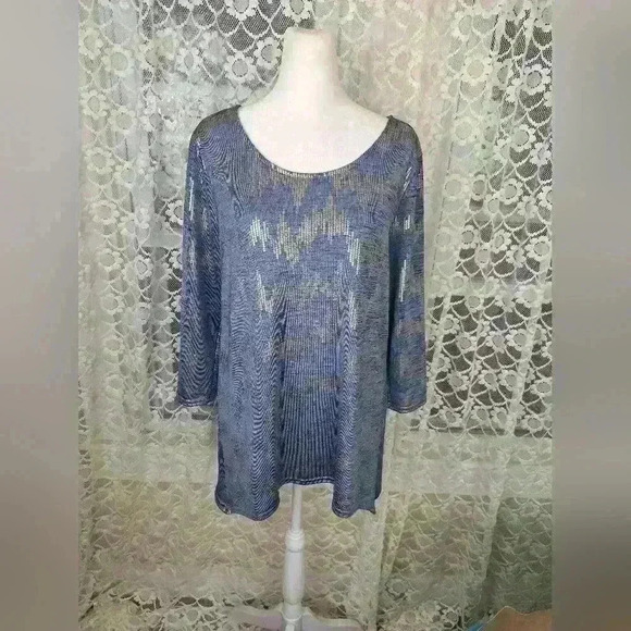PECK & PECK  Sheer Light Blue Metallic Gold Top Size L - Picture 1 of 11